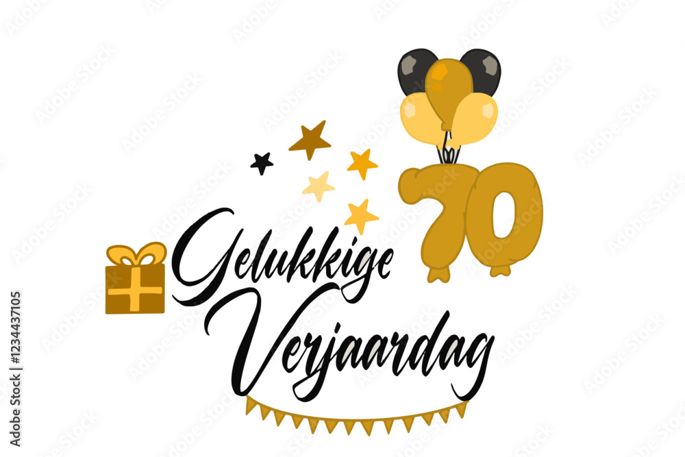 caligrafische tekst vector gelukkige verjaardag met een cadeauverpakking van ballonnen en nummer 70