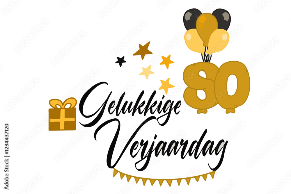 caligrafische tekst vector gelukkige verjaardag met een cadeauverpakking van ballonnen en nummer 80