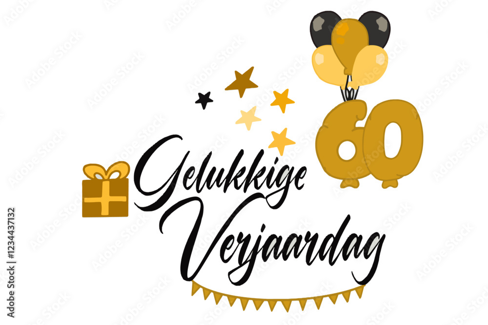 caligrafische tekst vector gelukkige verjaardag met een cadeauverpakking van ballonnen en nummer 60