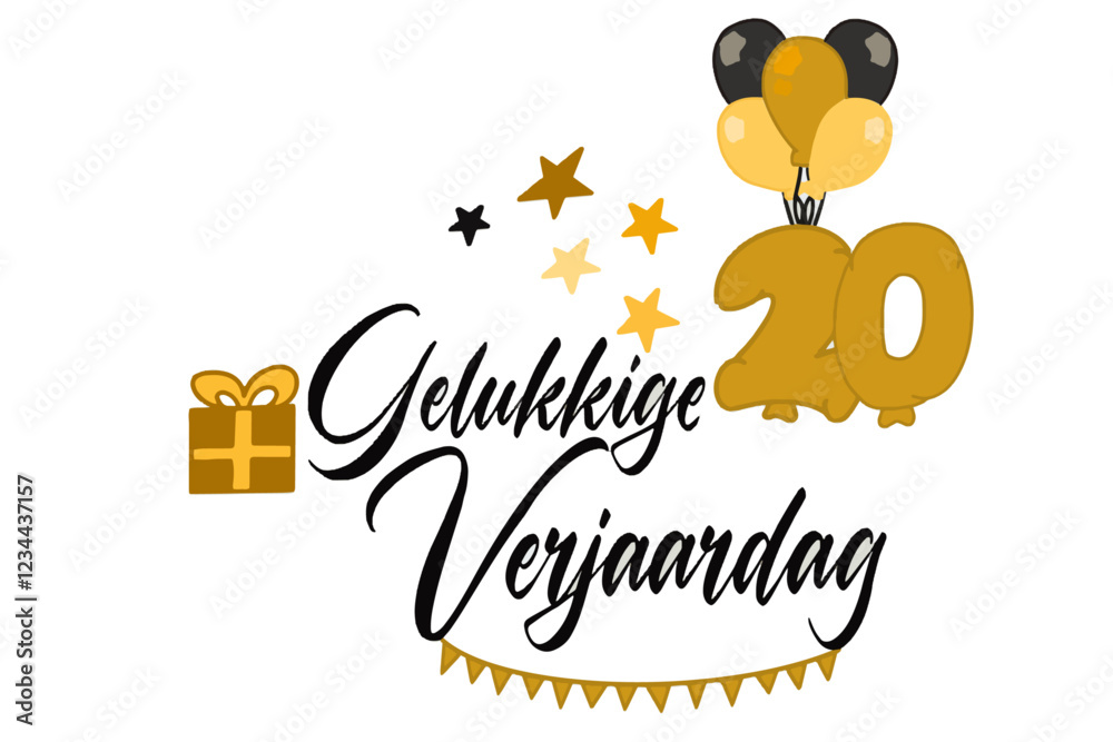 caligrafische tekst vector gelukkige verjaardag met een cadeauverpakking van ballonnen en nummer 20