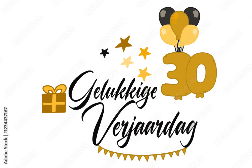 caligrafische tekst vector gelukkige verjaardag met een cadeauverpakking van ballonnen en nummer 30