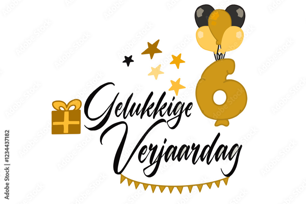 caligrafische tekst vector gelukkige verjaardag met een cadeauverpakking van ballonnen en nummer 6
