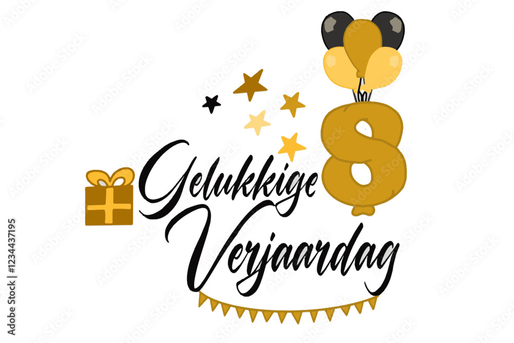 caligrafische tekst vector gelukkige verjaardag met een cadeauverpakking van ballonnen en nummer 8