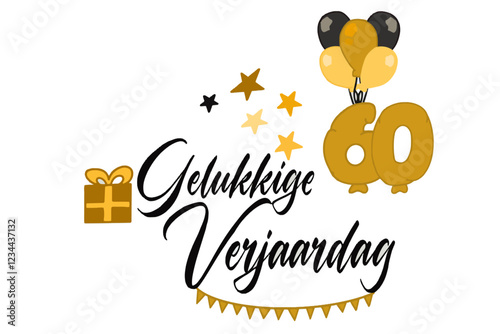 caligrafische tekst vector gelukkige verjaardag met een cadeauverpakking van ballonnen en nummer 60