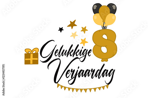 caligrafische tekst vector gelukkige verjaardag met een cadeauverpakking van ballonnen en nummer 8