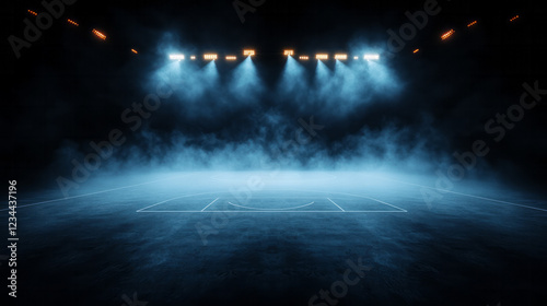 A panoramic shot illustrating the entire empty court from baseline to baseline, with flickering arena lights and drifting smoke evoking a pre-game tension,