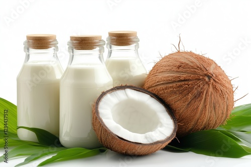 Fresh coconut milk with whole and halved coconuts on green leaves photo