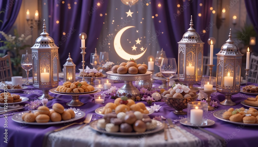 Enchanting Ramadan Feast: A Lavish Table Setting with Lanterns and Sweets Enchanting Ramadan Feast: A Lavish Table Setting with Lanterns and Sweets