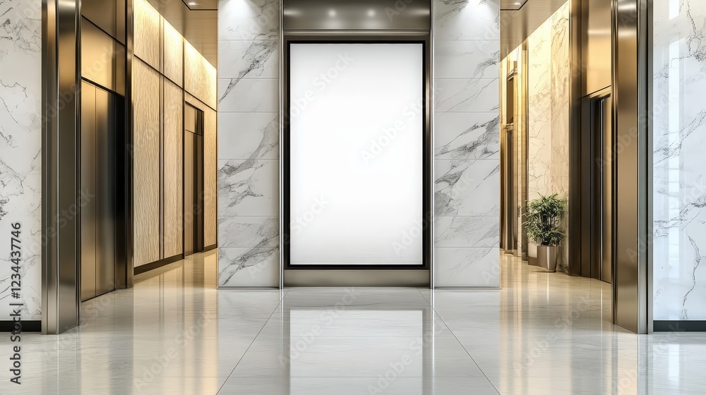 Modern elevator lobby with mockup poster display area showcasing a clean, elegant space featuring marble walls and stainless steel accents Modern elevator lobby with mockup poster display area showcasing a clean, elegant space featuring marble walls and stainless steel accents