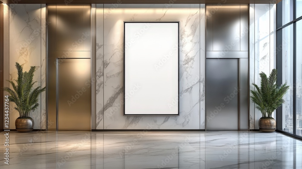 Modern Elevator Lobby with Blank Poster Mockup Space in a Stylish Interior Featuring Stainless Steel Doors and Elegant Plants Modern Elevator Lobby with Blank Poster Mockup Space in a Stylish Interior Featuring Stainless Steel Doors and Elegant Plants