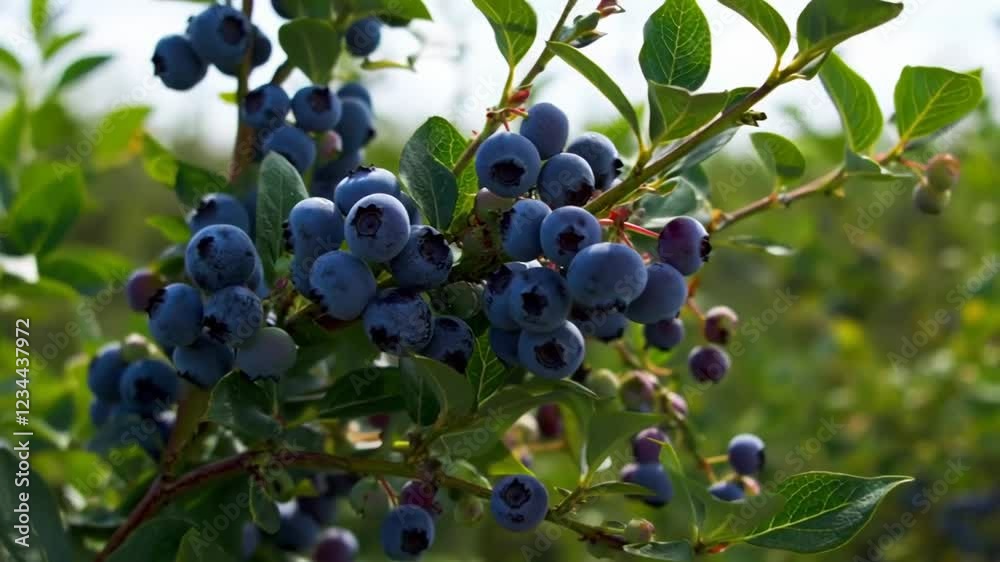 Ripe blueberries on leafy branches under soft natural sunlight. Concept of organic farming Ripe blueberries on leafy branches under soft natural sunlight. Concept of organic farming