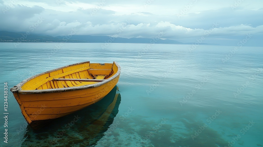 Vibrant Yellow Boat on Calm Waters Under a Cloudy Sky Vibrant Yellow Boat on Calm Waters Under a Cloudy Sky
