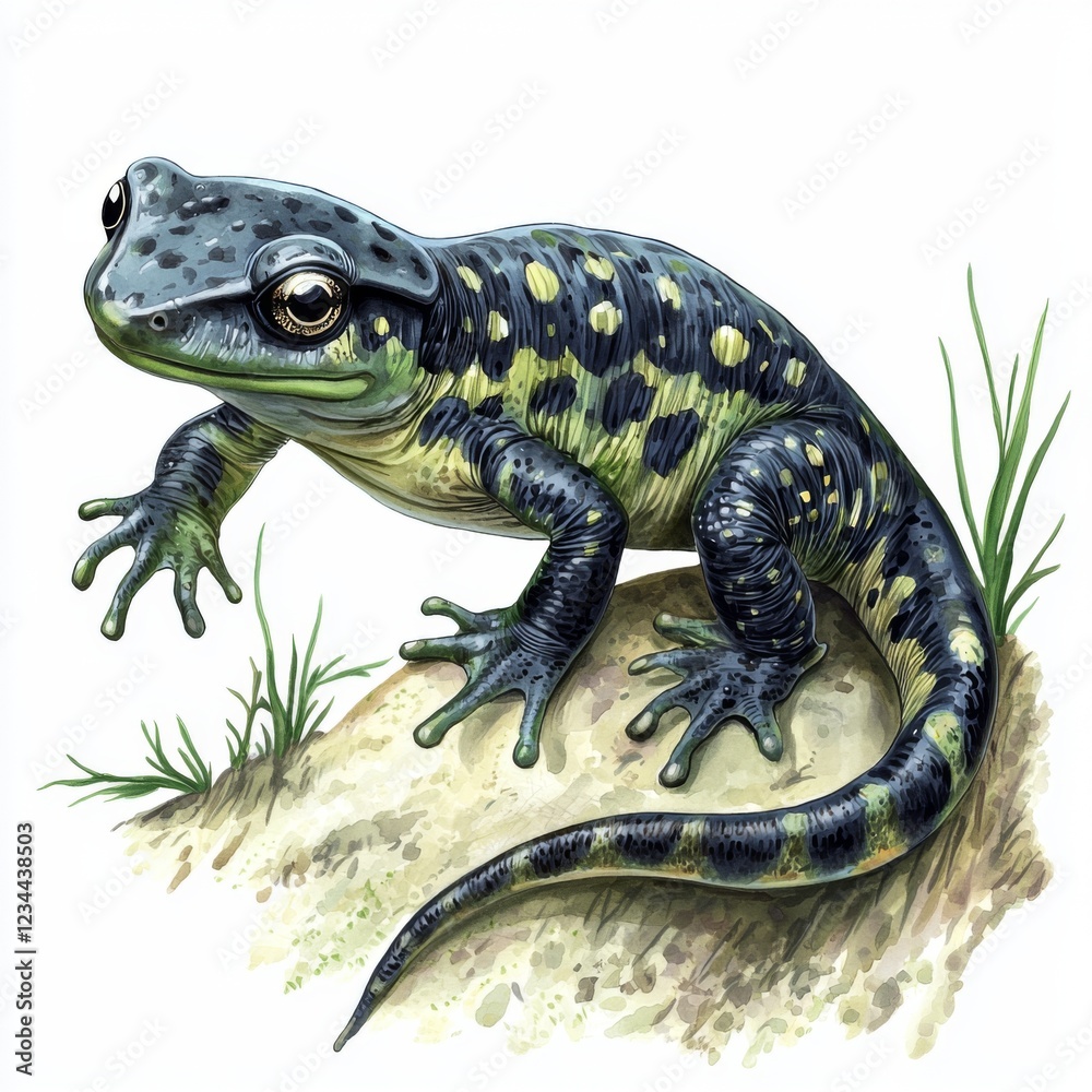 Obraz premium Colorful amphibian with striking patterns and textures, perched on a rocky surface among lush green grass