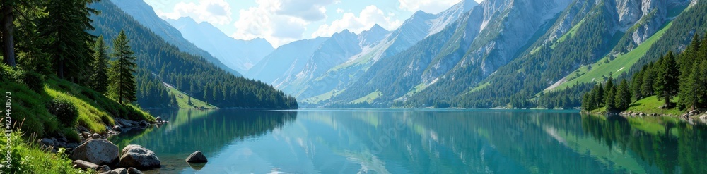 Serene alpine lake with surrounding mountains, trees, mountain Serene alpine lake with surrounding mountains, trees, mountain