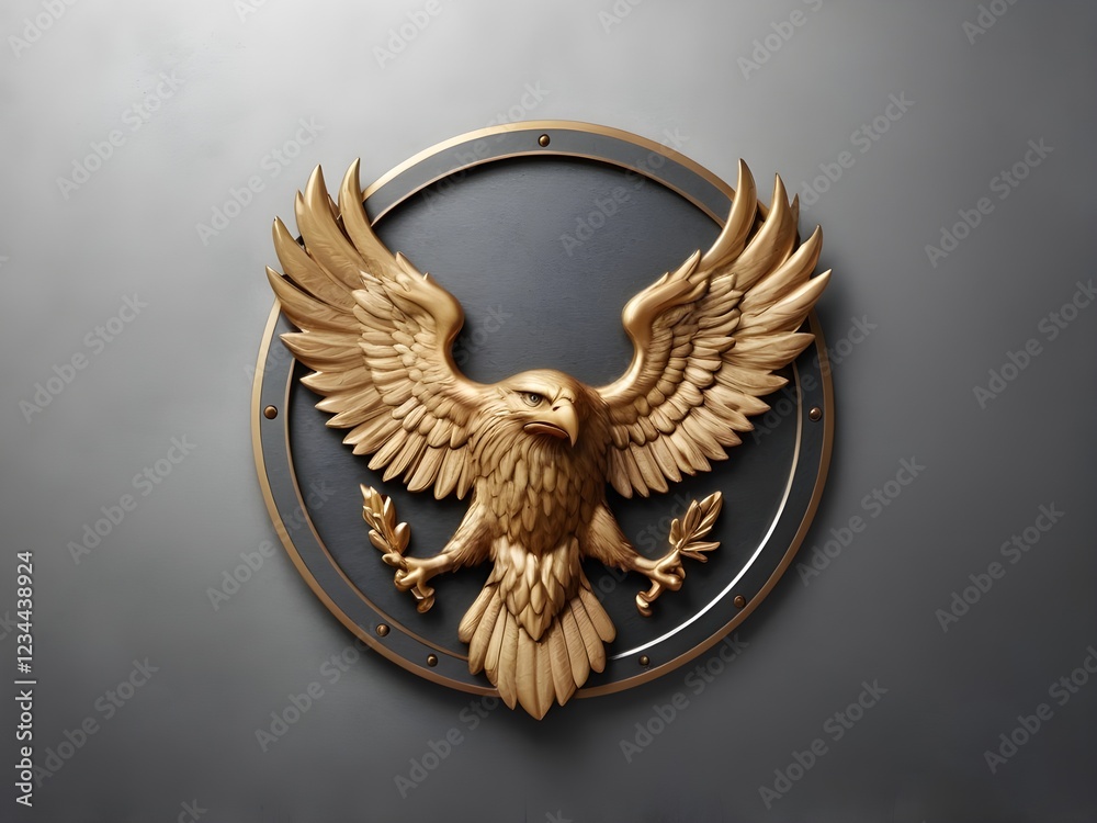 A realistic embossed eagle emblem on a textured metal plate, designed with copy space. For Presidents' Day.