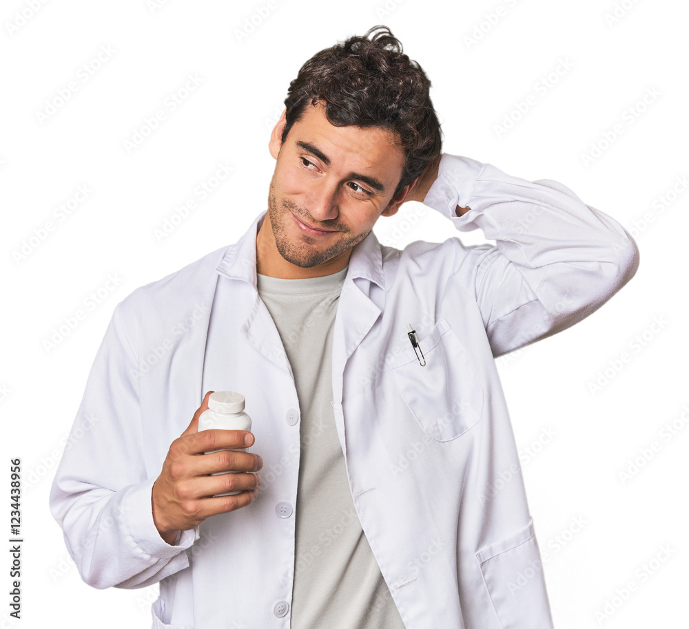 Young Hispanic pharmacist with pills touching back of head, thinking and making a choice. Young Hispanic pharmacist with pills touching back of head, thinking and making a choice.