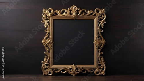Obraz na płótnie An empty, ornate gold frame on a dark wood background, styled for historical and official presentations. For Presidents' Day.
w salonie