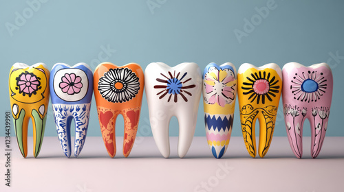 A creative concept combining dental imagery and cultural patterns, where each tooth is painted in a unique folk motif, set against a soft pastel backdrop,