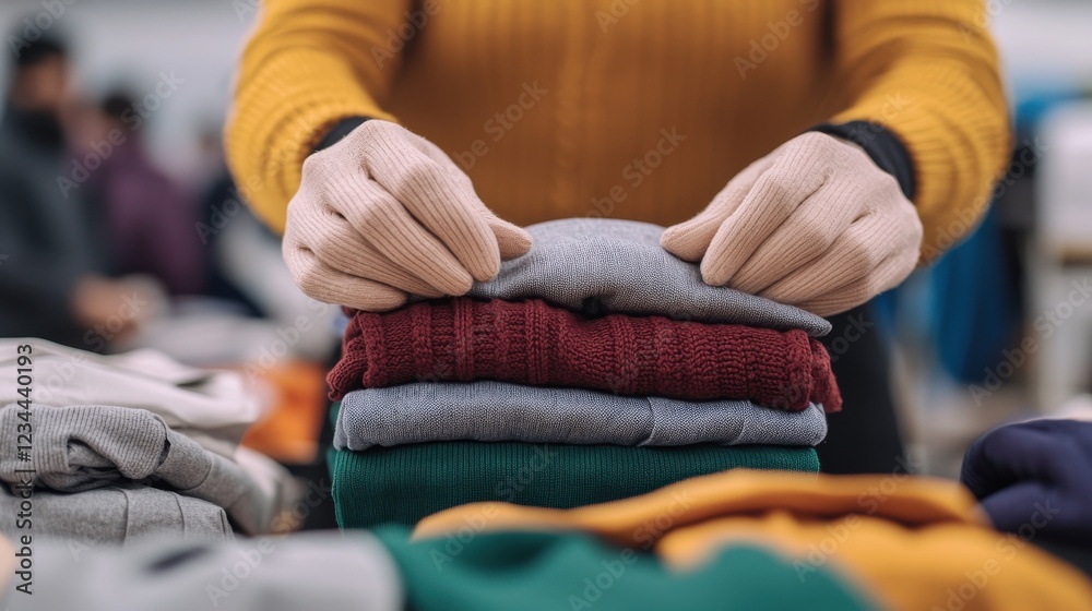 A close-up shot of hands carefully placing folded clothing such as winter coats, gloves, and hats into donation bags, representing kindness and charity. The blurred background reveals a lively A close-up shot of hands carefully placing folded clothing such as winter coats, gloves, and hats into donation bags, representing kindness and charity. The blurred background reveals a lively