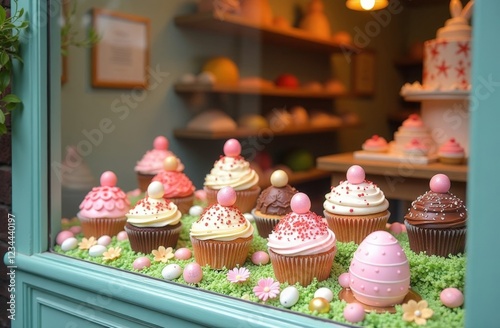 A shop window of a pastry shop or bakery decorated for Easter. Easter cakes and painted eggs in festive gift wrapping are displayed in the shop window. Preparation for Easter. Family traditions of Eas photo