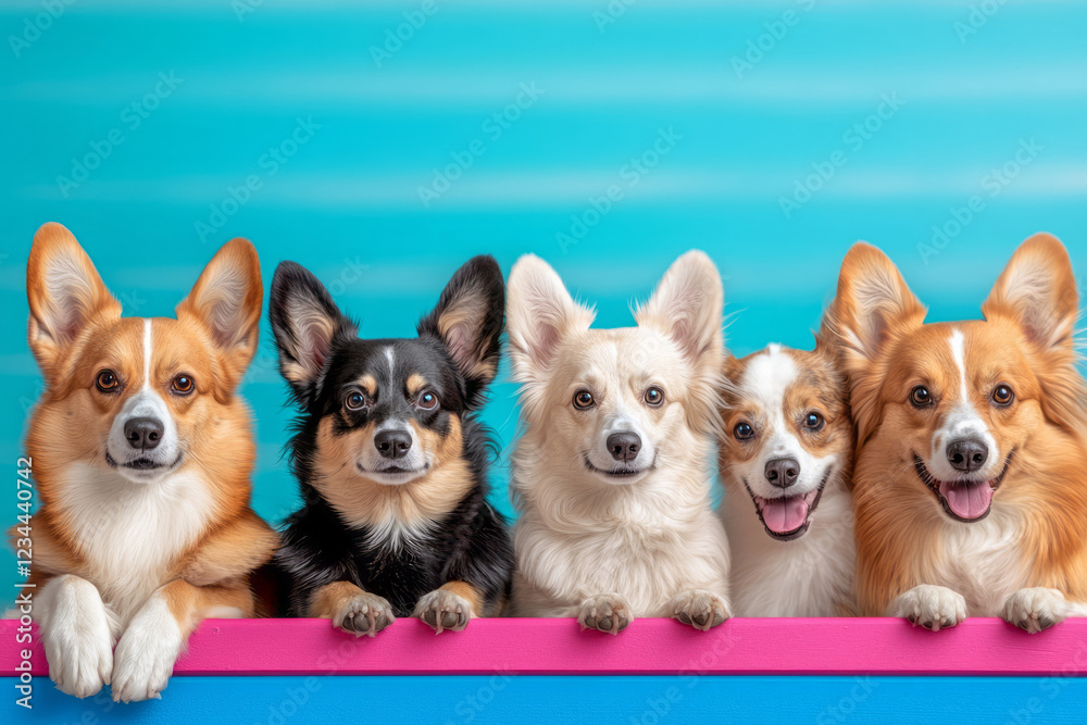 A bright studio shot showcasing a lineup of five distinctly different dog breeds, all simultaneously cocking their heads toward the camera against a vibrant blue backdrop, A bright studio shot showcasing a lineup of five distinctly different dog breeds, all simultaneously cocking their heads toward the camera against a vibrant blue backdrop,