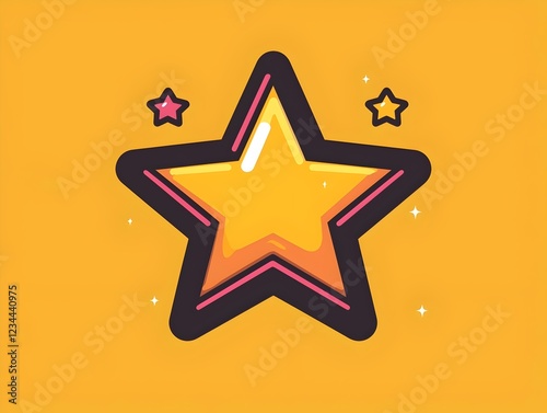 A vibrant, cartoonish orange star with a bold black outline and smaller stars around it, set against a cheerful yellow background, exuding a playful and dynamic mood. photo