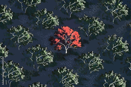   Aerial view of forest, single red tree among green trees, perfect symmetry, contrasting colors, lush foliage, bird's eye perspective, unique standout, nature diversity, geometric pattern, environme