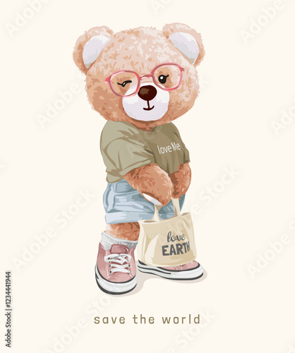 save the world slogan with cute bear doll carry cloth bag vector illustration