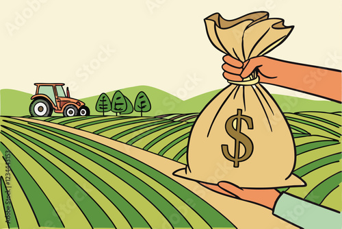 Agricultural finance, burlap money bag with dollar sign, hand holding sack, tractor in field, rows of green crops, farmland landscape, rural economy, farm subsidies, agricultural investment, select