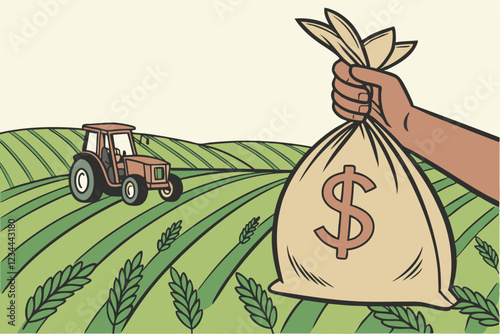 Agricultural finance, burlap money bag with dollar sign, hand holding sack, tractor in field, rows of green crops, farmland landscape, rural economy, farm subsidies, agricultural investment, select