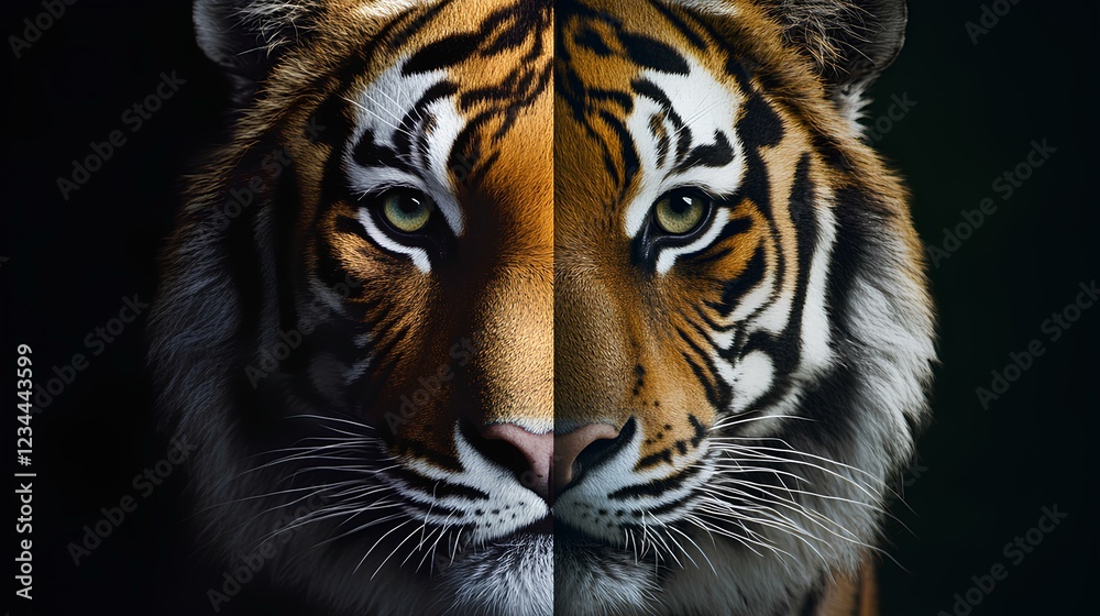 Fototapeta premium Half-Orange, Half-Black Tiger Face Digital Illustration – Powerful Wildlife Art