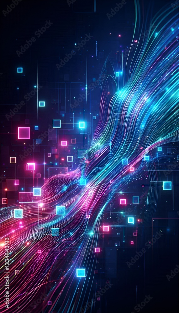 Obraz premium Neon glowing rectangles with a background filled with wires and whips.