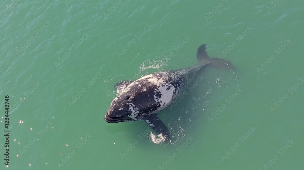 Naklejka premium Gray whale gracefully swims in clear coastal waters during sunny daylight hours