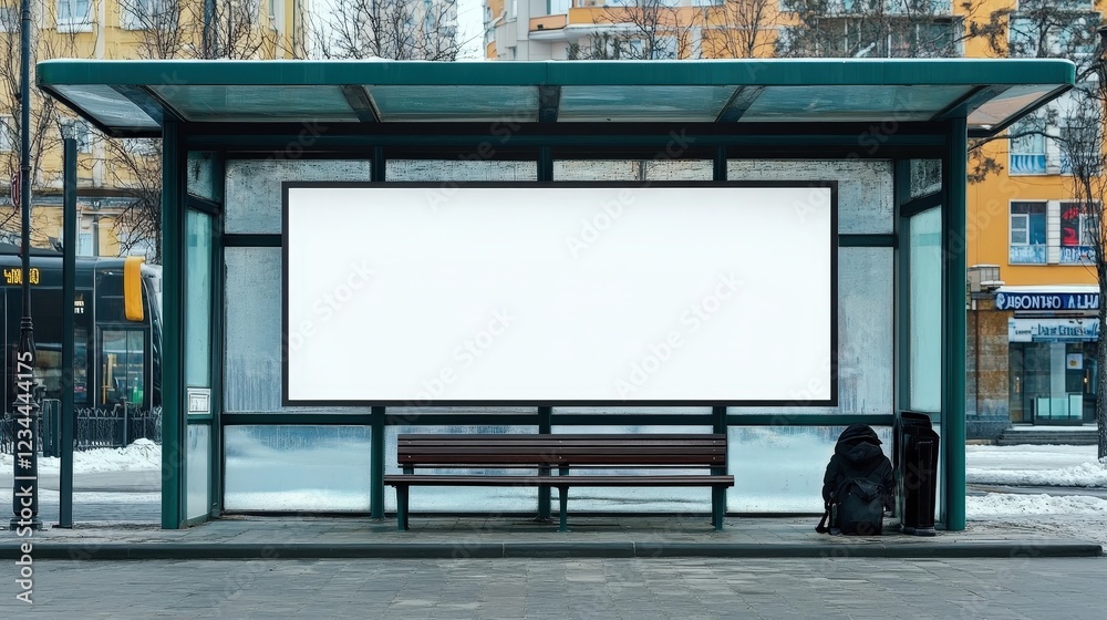 Empty Bus Stop Shelter Featuring Blank White Poster Space in Urban Environment for Advertising Opportunities Amidst City Life Empty Bus Stop Shelter Featuring Blank White Poster Space in Urban Environment for Advertising Opportunities Amidst City Life