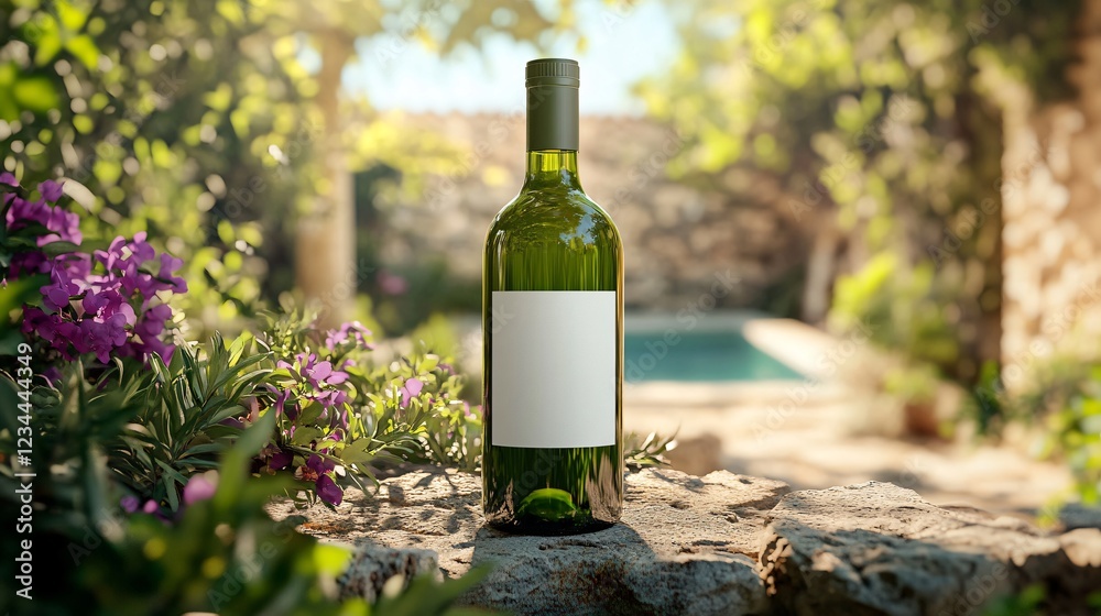 Olive Oil Bottle with White Label, Mediterranean flowers, Courtyard with Pool . Copy space. Generative AI Olive Oil Bottle with White Label, Mediterranean flowers, Courtyard with Pool . Copy space. Generative AI