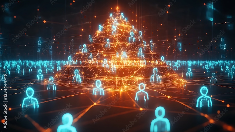 Fototapeta premium Abstract Team Pyramid Network Orange and Blue Digital People Figures in Dark Background