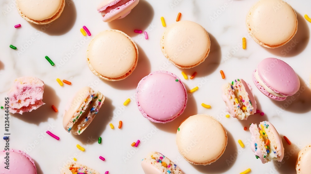 scattered arrangement of pink macarons filled with fluffy buttercream, each shell adorned with colorful rainbow sprinkles scattered arrangement of pink macarons filled with fluffy buttercream, each shell adorned with colorful rainbow sprinkles