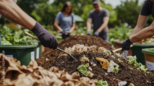 A community composting site with multiple compost bins labeled for different types of organic waste, surrounded by greenery. Volunteers of diverse backgrounds work together, turning compost piles