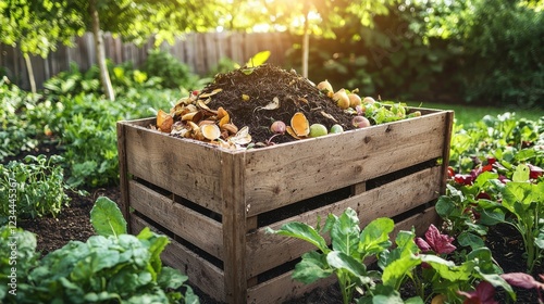 A beautifully arranged composting station in a lush green backyard, illustrating the renewable cycle of organic waste transforming into nutrient-rich soil. A wooden compost bin overflows with