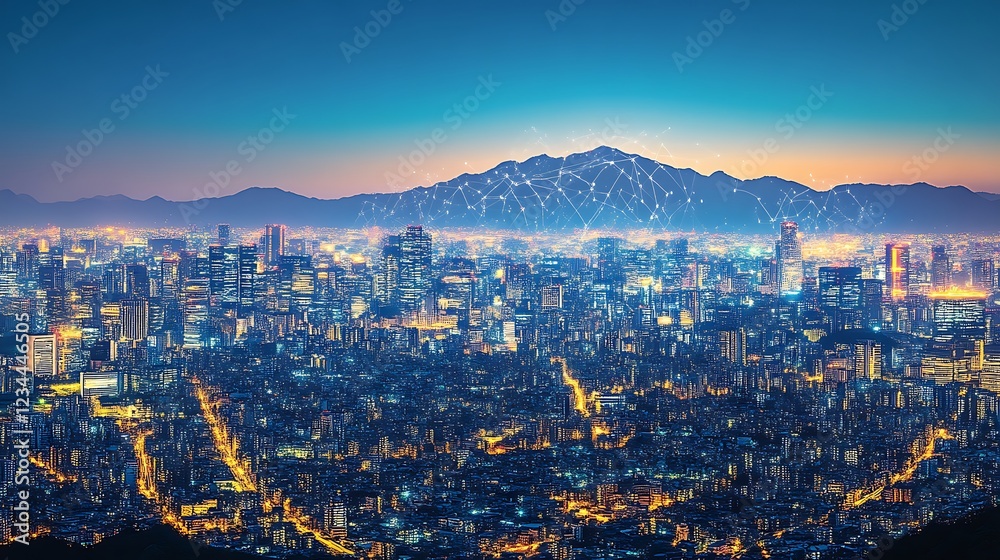 Fototapeta premium Cityscape at night with glowing network overlay on mountains and illuminated buildings