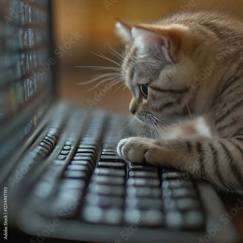 curious cat intently types on laptop keyboard, showcasing its playful nature and sharp focus. scene captures charm of pet exploring technology