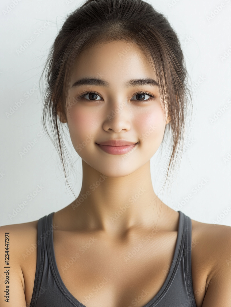 Young Asian woman poses confidently in yoga attire against white background