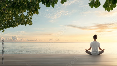 Serene yoga meditation at tropical infinity pool with breathtaking ocean sunset, perfect for relaxation and wellness branding 4