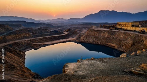 Dramatic sunset over an open-pit mining site in southern China. The golden-hour lighting enhances the textures of the exposed rock layers and industrial structures
