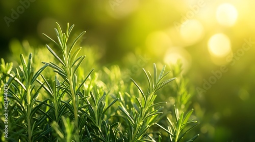 A green rosemary grassy field with artistic bokeh , copy space for text at the right side,