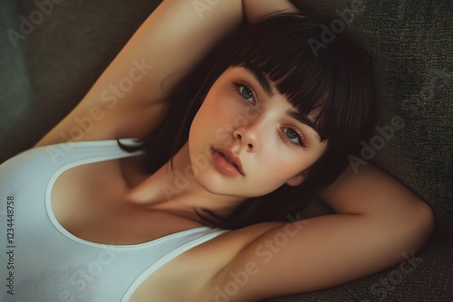 A beautiful woman with short dark hair wearing a white tank top is lying on the sofa