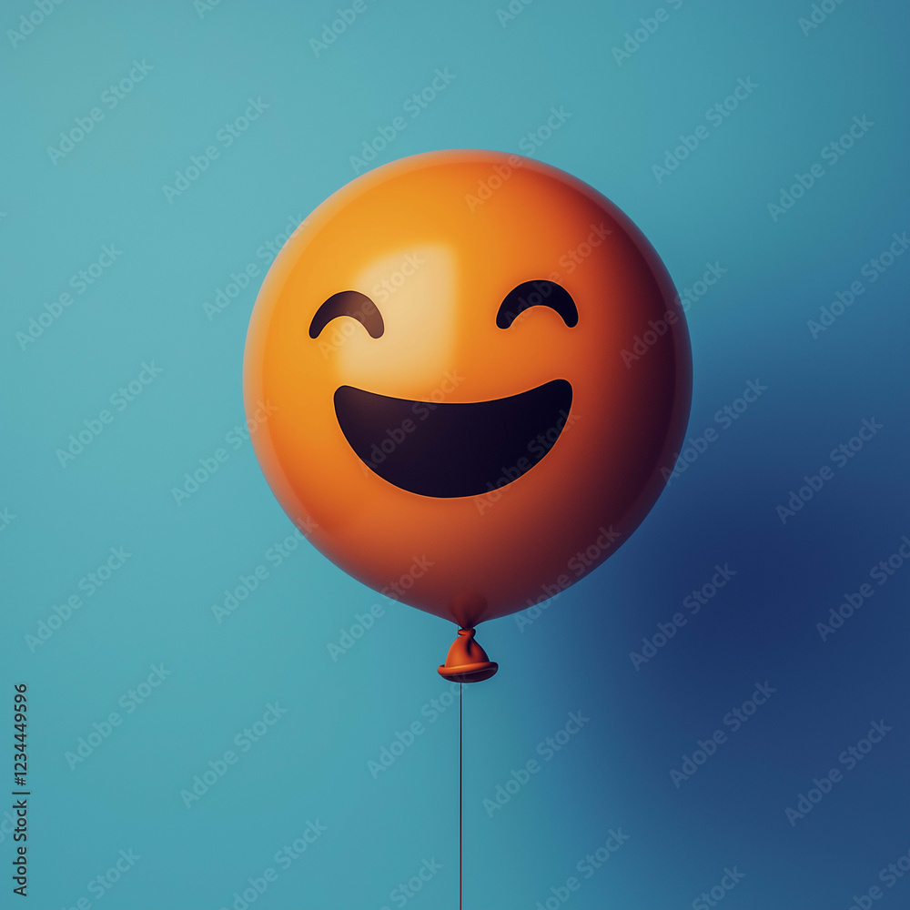 Naklejka premium Happy orange balloon with smiling face against blue background, creating cheerful and playful atmosphere. Perfect for celebrations and joyful occasions