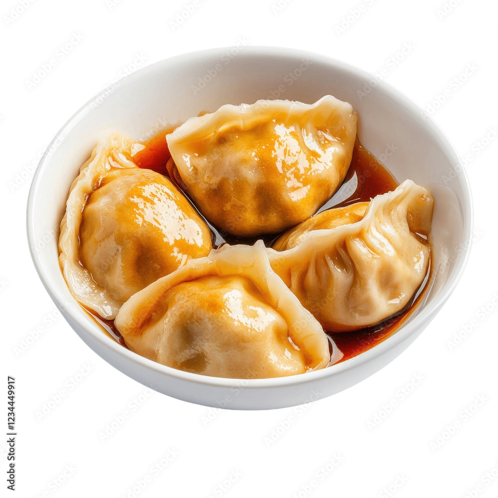 Delicious dumplings in soy sauce, served in white bowl, perfect for savory meal Delicious dumplings in soy sauce, served in white bowl, perfect for savory meal