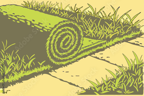  Rolled artificial turf, lush green grass, sunlit garden background, macro photography, shallow depth of field, golden hour lighting, landscaping details, realistic texture, high resolution, 8K, pho