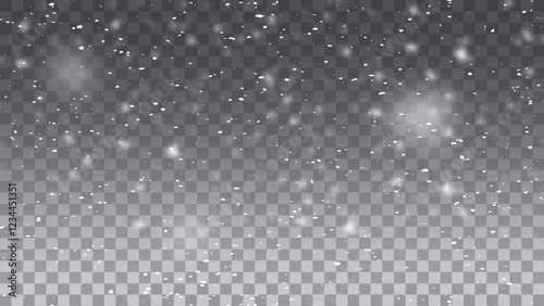 Snow and wind. Vector heavy snowfall, snowflakes in various shapes and forms. Many white cold flakes elements on a transparent background. White snowflakes are flying in the air. snow background.
